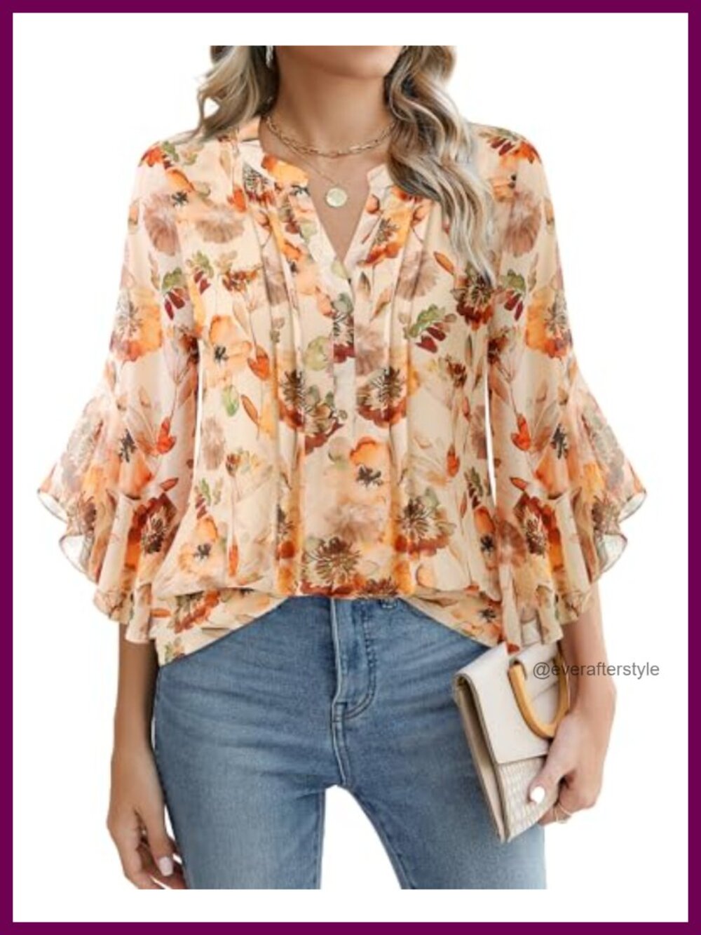 Women's 3/4 Sleeve Floral Pleated Henley V-Neck Ruffle Cuff Tunic Blouse
